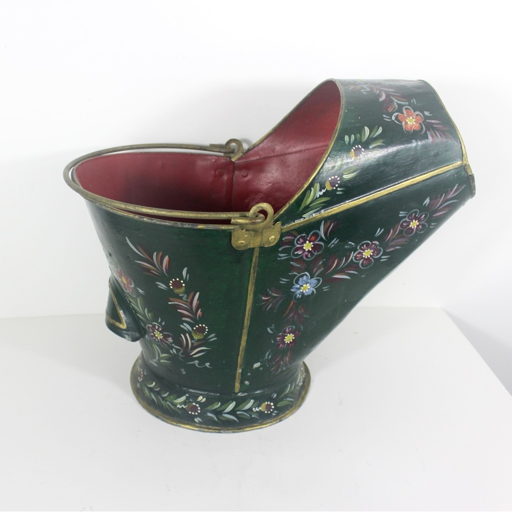 Large Antique Hand Painted Coal Scuttle Folk Art Fireplace Accent